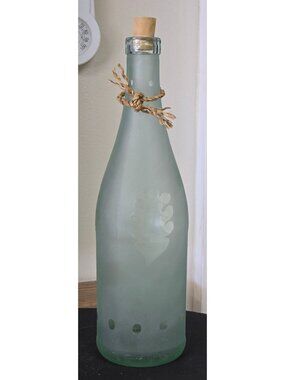 Frosted Glass Decorative Bottle With Etched Leaf Design & Jute Rope Accent